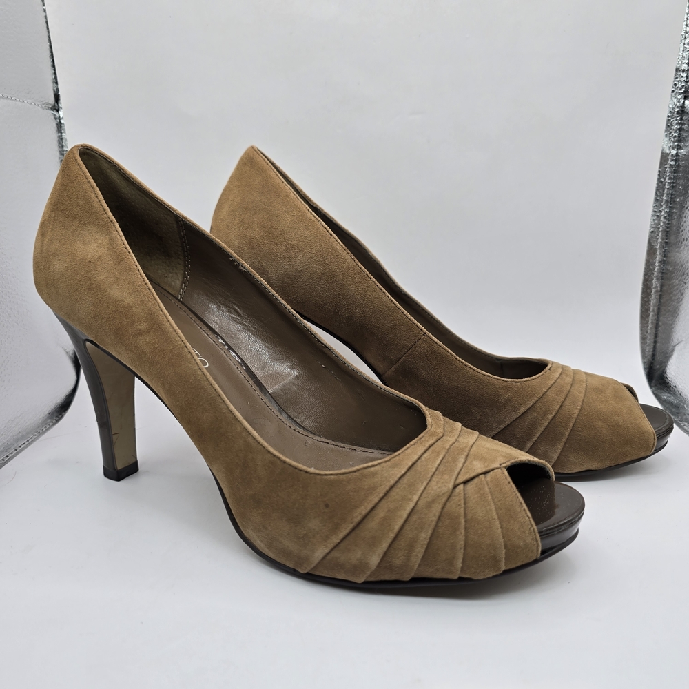 Women's Tan Suede Peep-Toe Heels By Franco Sarto Size 11